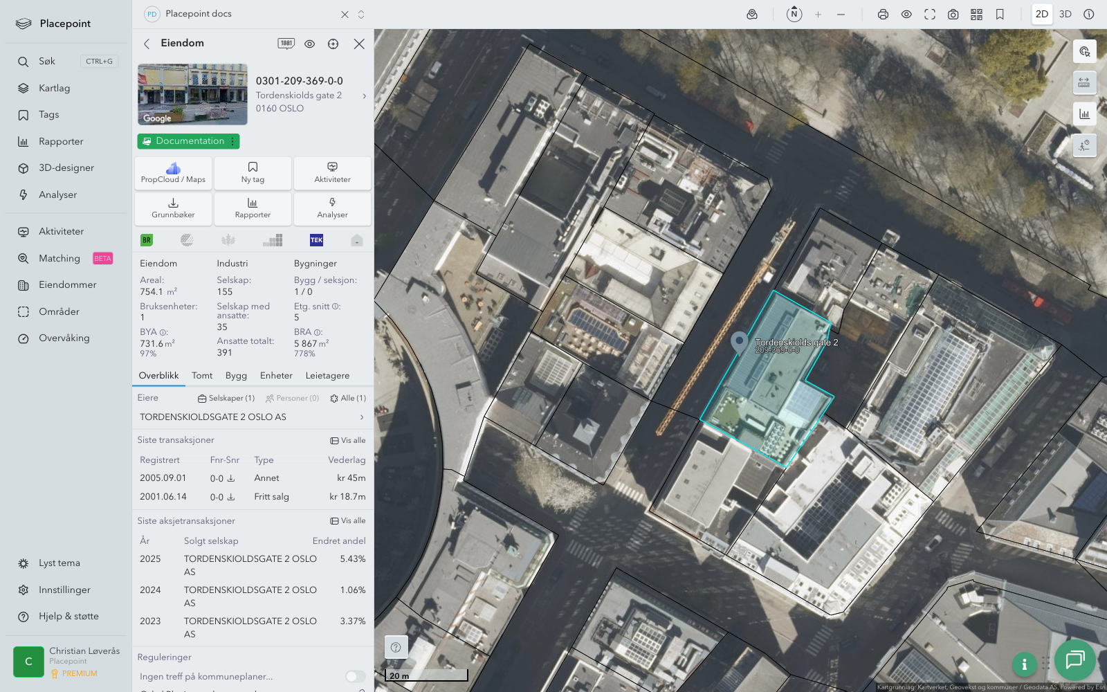 2D-visning av sentrum med eiendomsgrenser