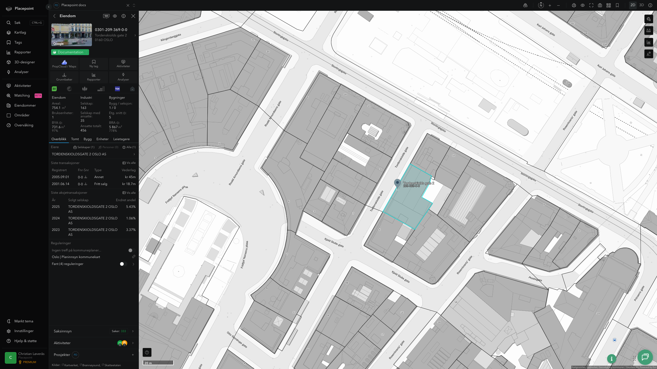 2D-visning av sentrum med eiendomsgrenser