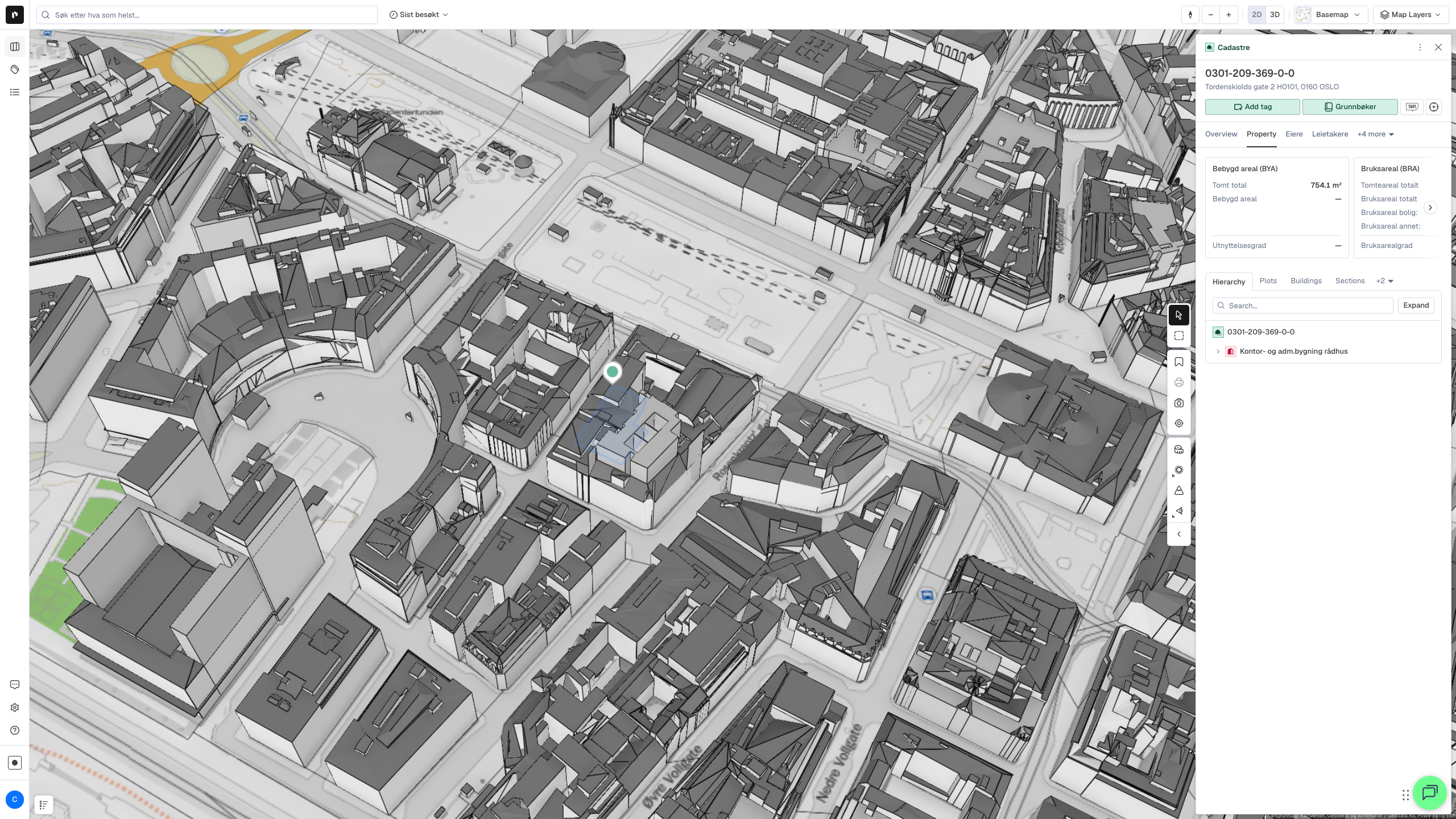 Tordenskiolds gate 2 valgt i 3D med eiendomspanelet åpent