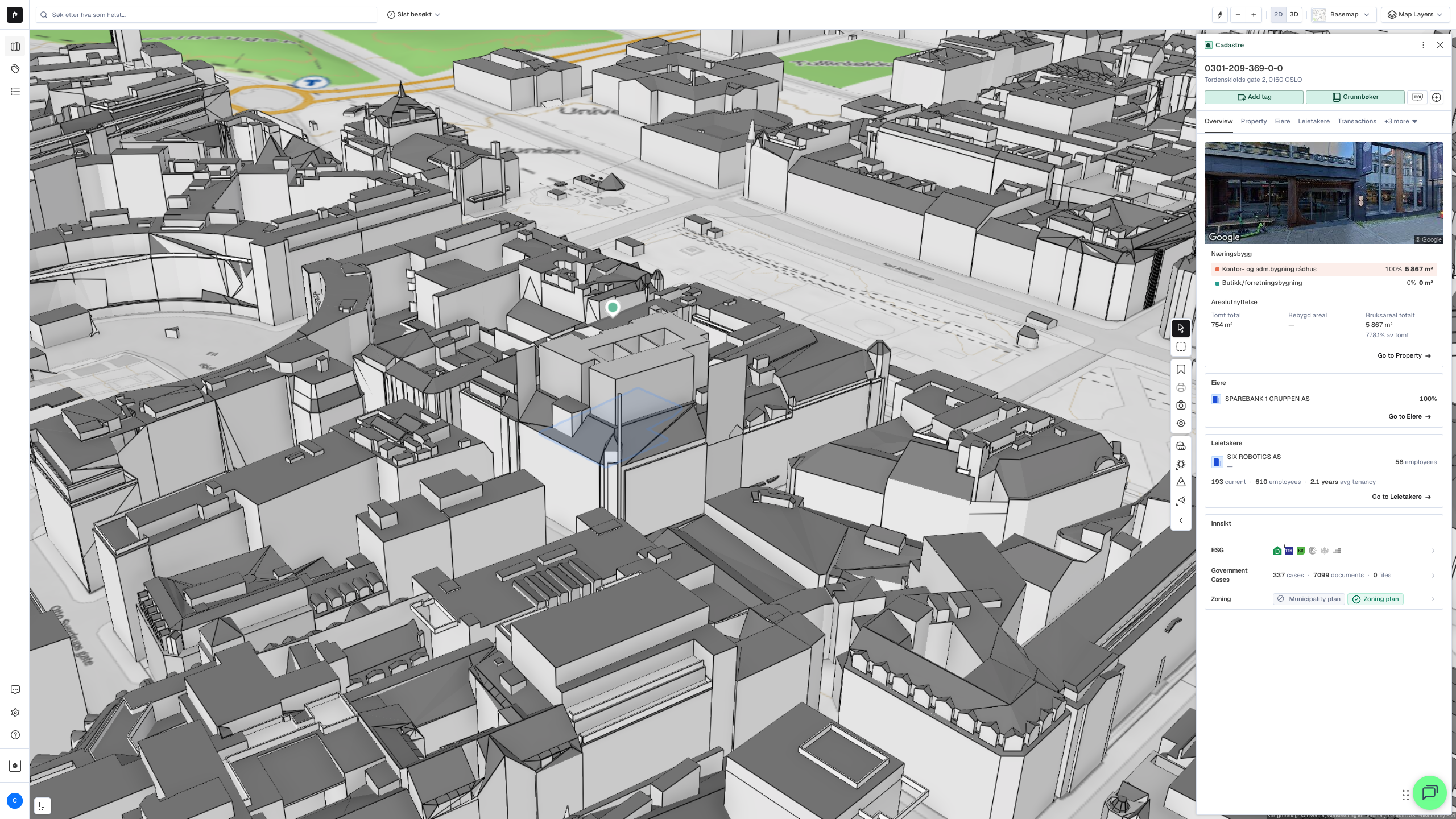 Tordenskiolds gate i 3D med 3D-bygningsmodell lastet