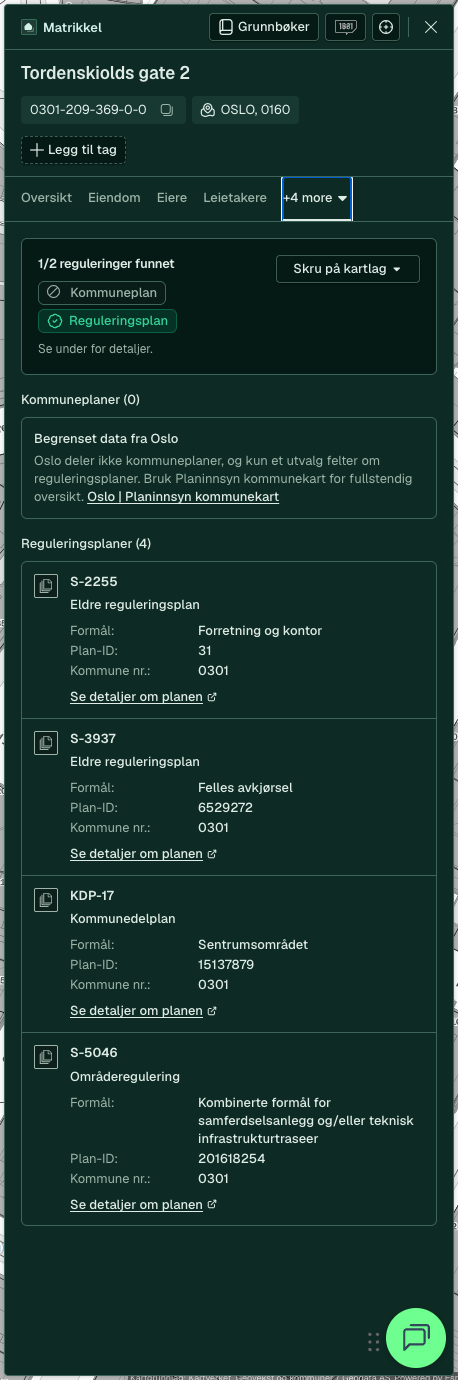 Eiendomspanel - Regulering-fanen
