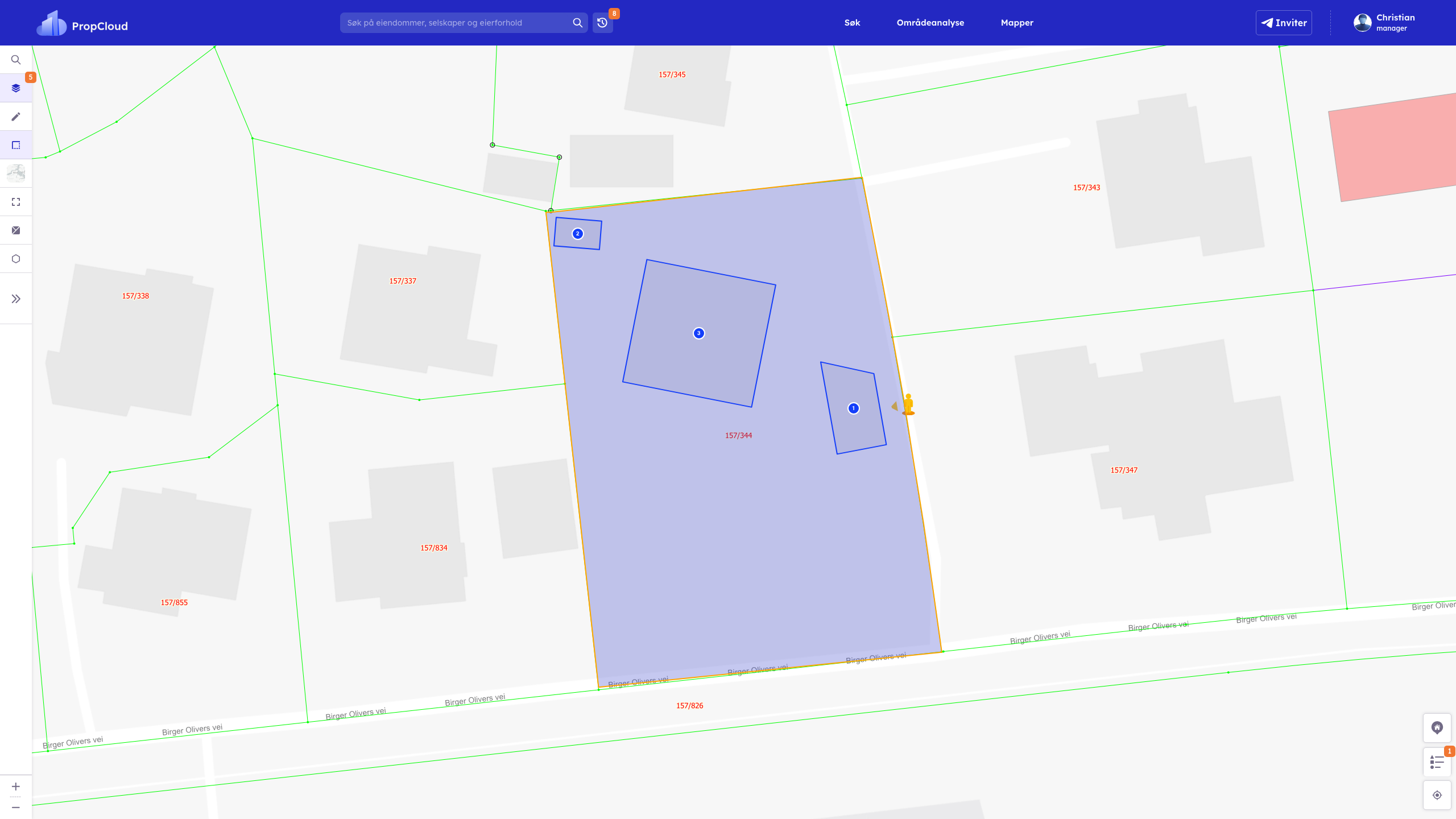 Tiltak (plan og bygg) aktivert på K2 (Ekspander fullt + 2 zoom-out)