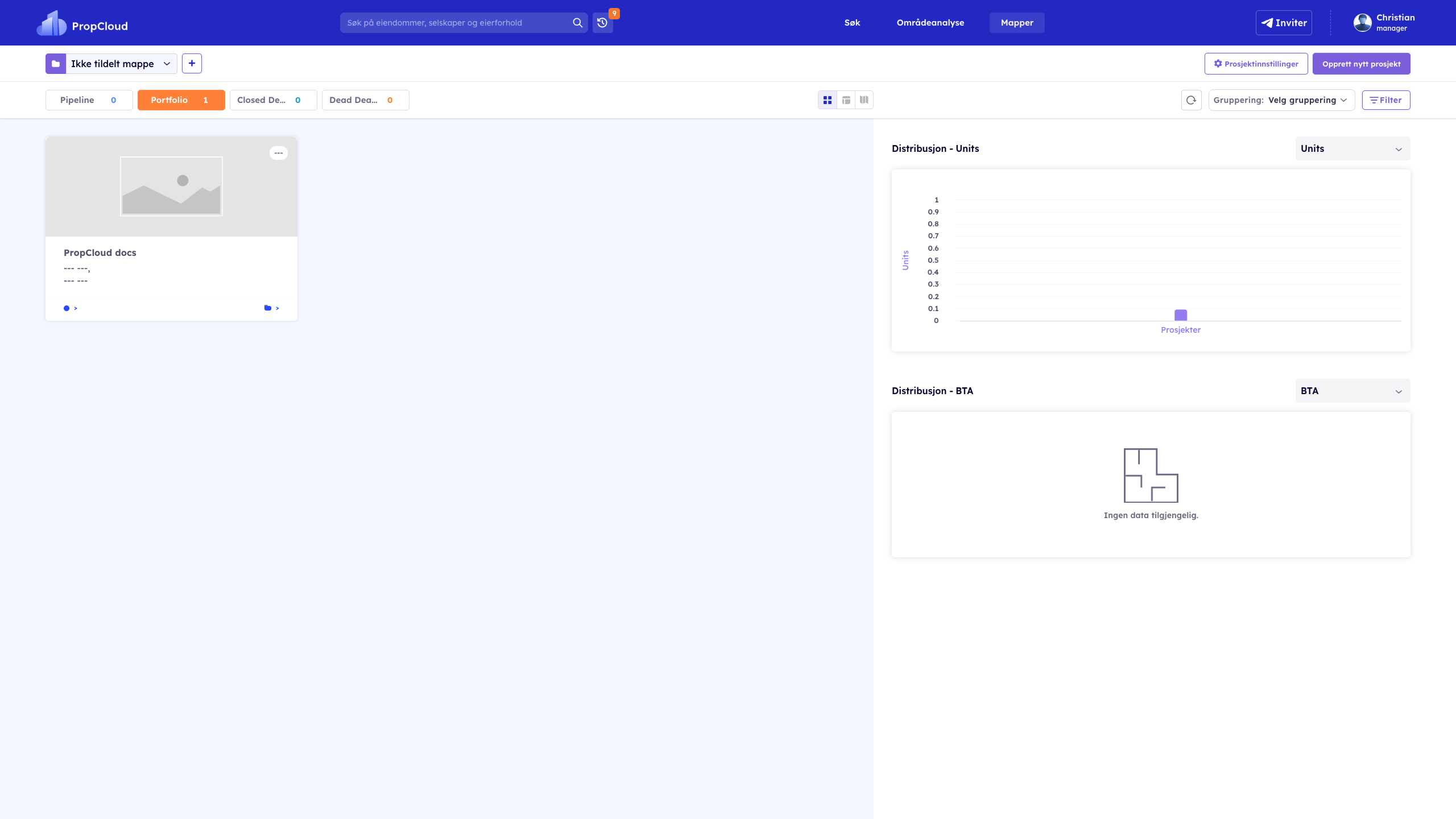 Mapper-siden i PropCloud, Portfolio-fanen aktiv