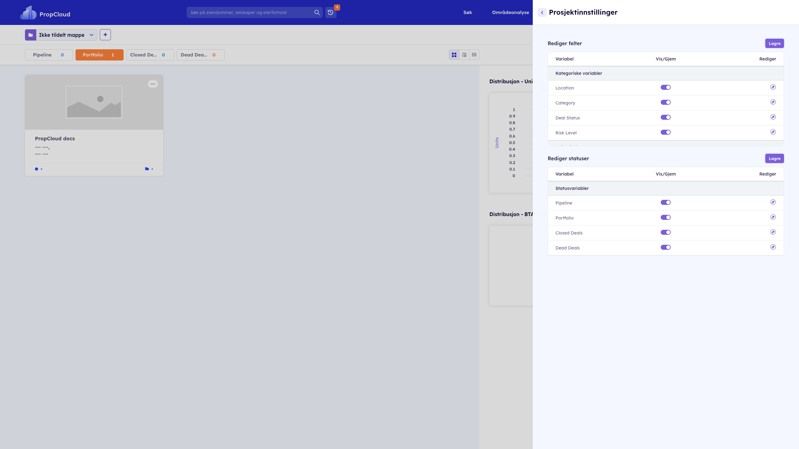 Prosjektinnstillinger-panel med Rediger felter og Rediger statuser