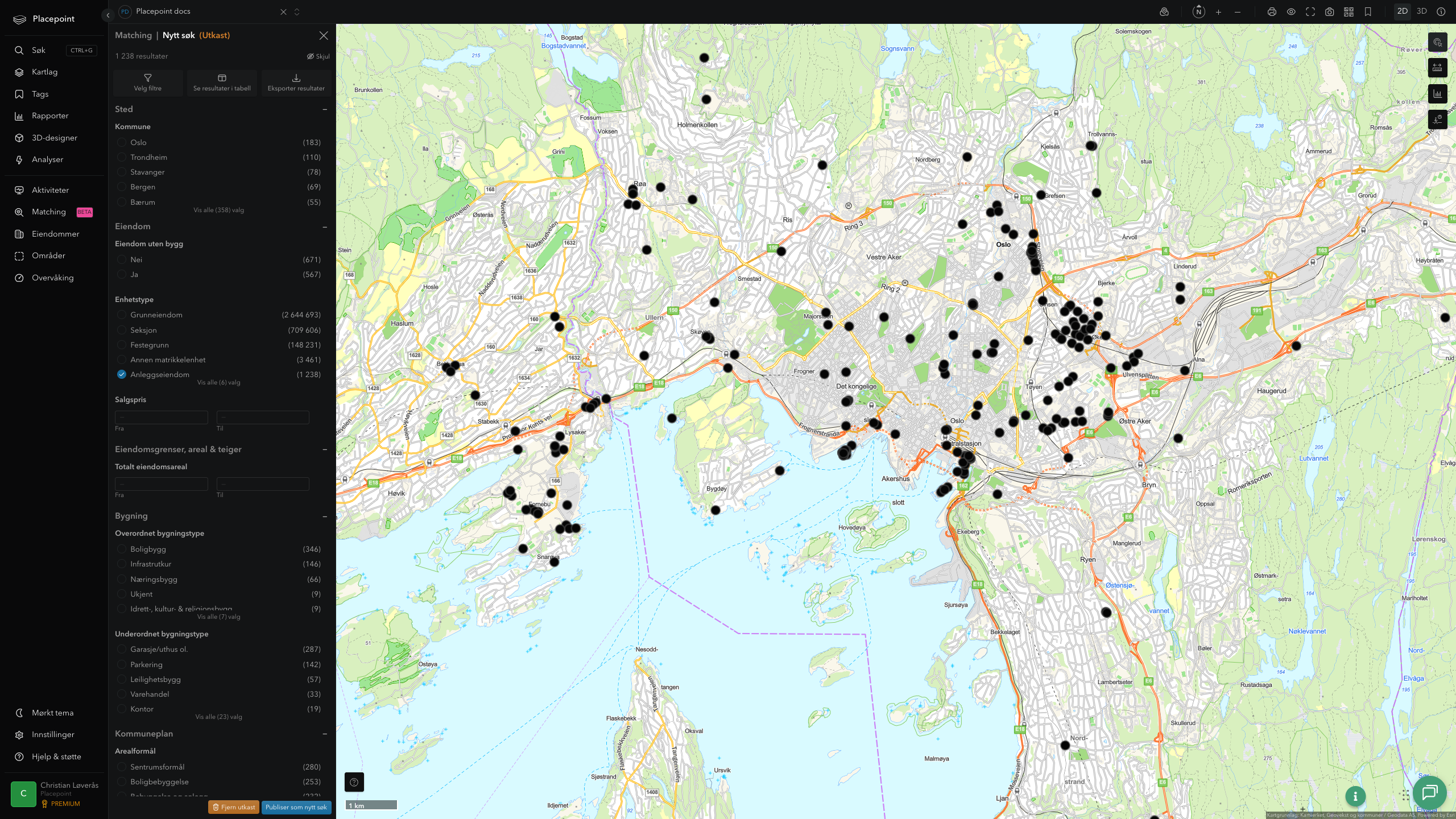 Filtre konfigurert med Oslo og Anleggseiendom - live treffantall vises