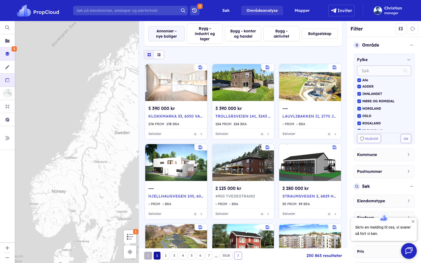 Fylke-filter åpent med liste av norske fylker