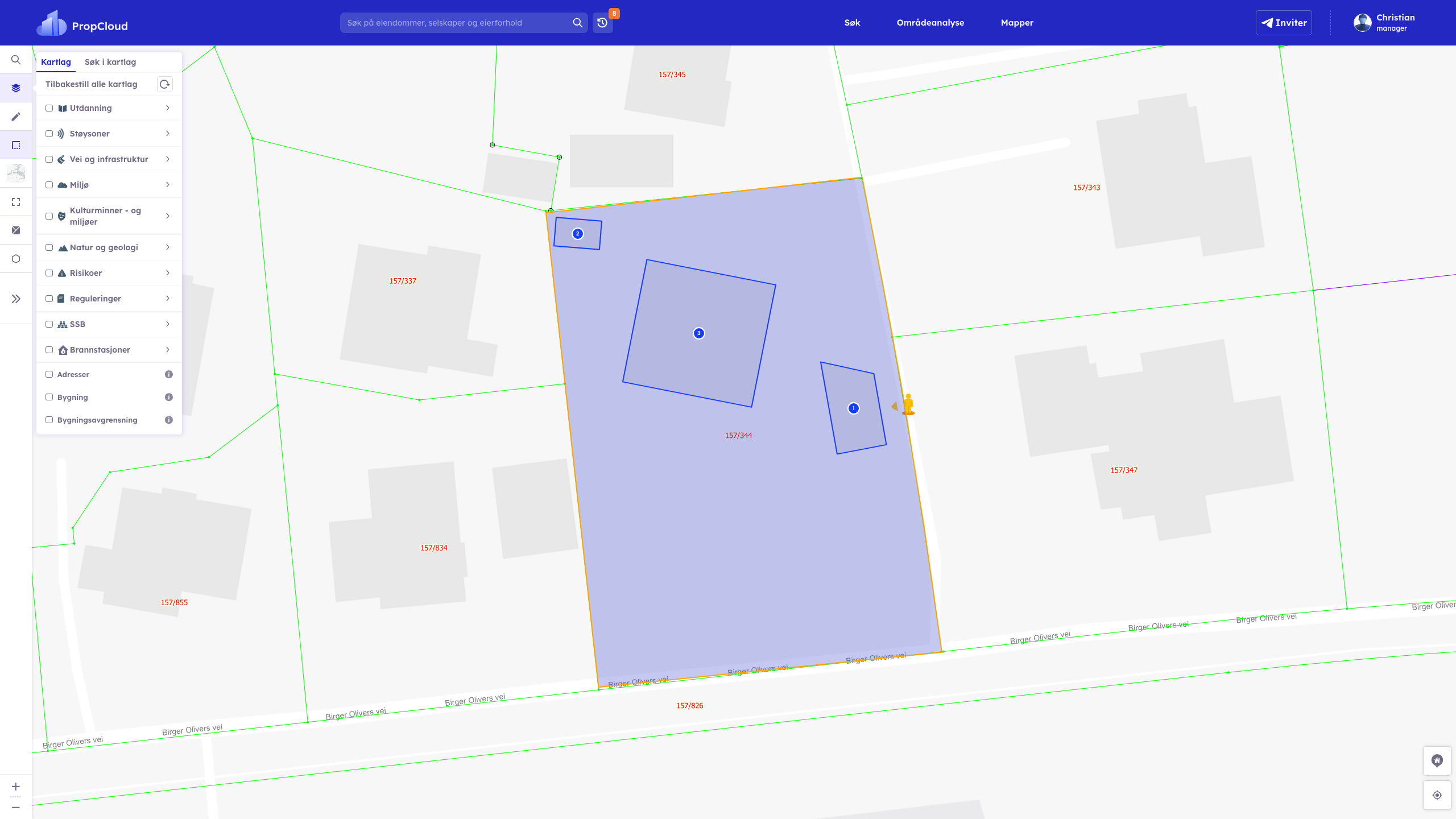 Detaljert kartlag-panelet åpent på K2 i Ekspander fullt + 2 zoom-out