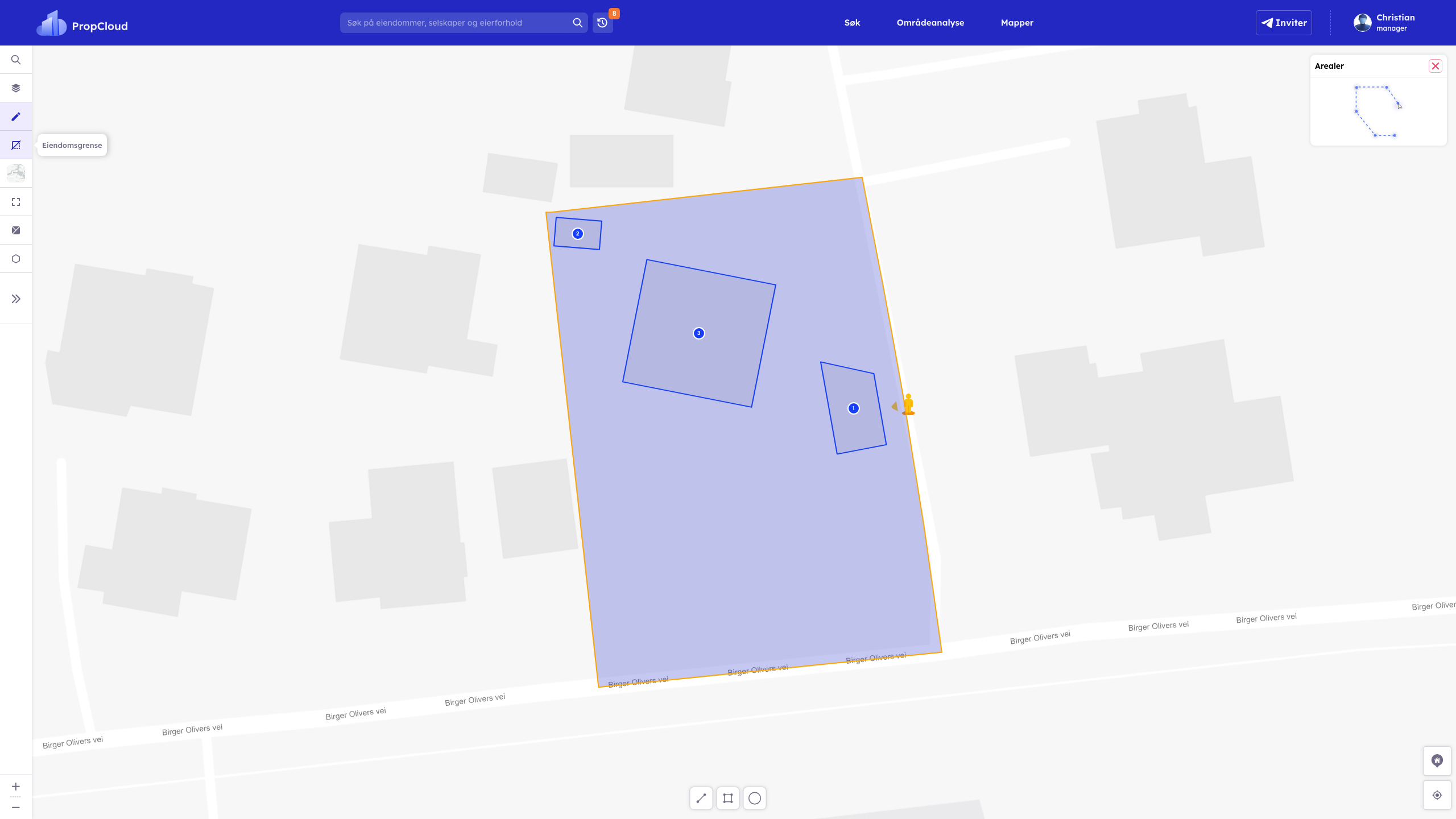 Eiendomsgrenser slått på - K2-matrikkelen rammet inn (Ekspander fullt + 2 zoom-out)