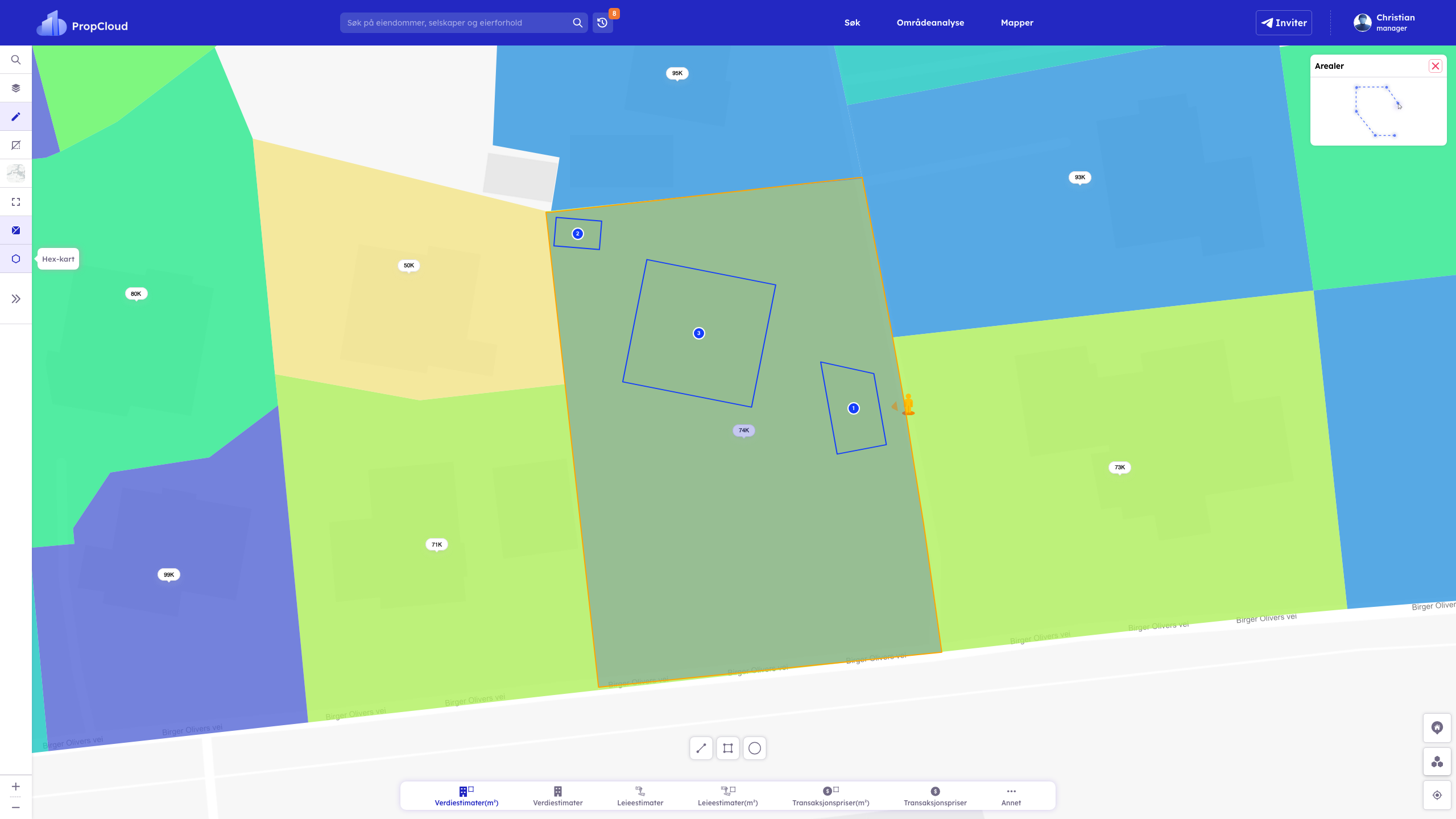 Hex-kart aktivert på K2 (Ekspander fullt + 2 zoom-out): grønn/gul/blå tettshets-celler med variabelvelger nederst