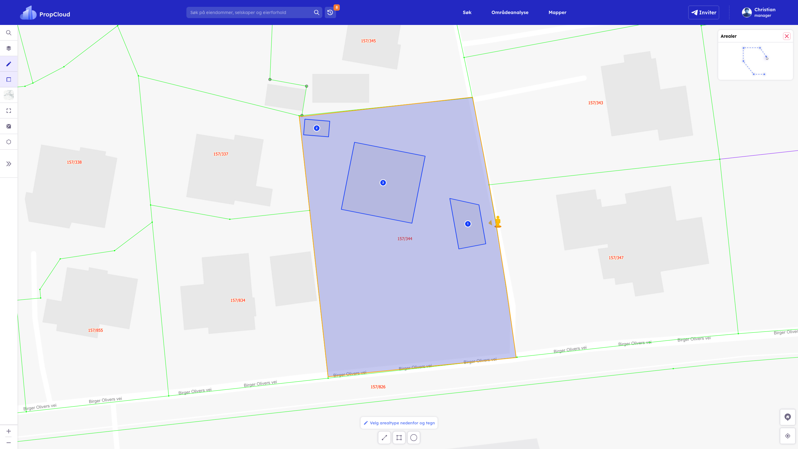 Tegneverktøy aktivert på K2 (Ekspander fullt + 2 zoom-out): Areal-panel oppe til høyre + tegne-toolbar nede