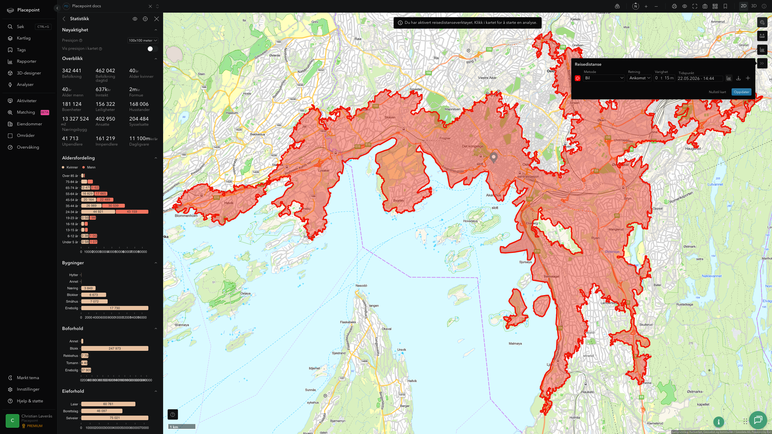 Reisedistanse 15 minutter bil med demografi-overlapp