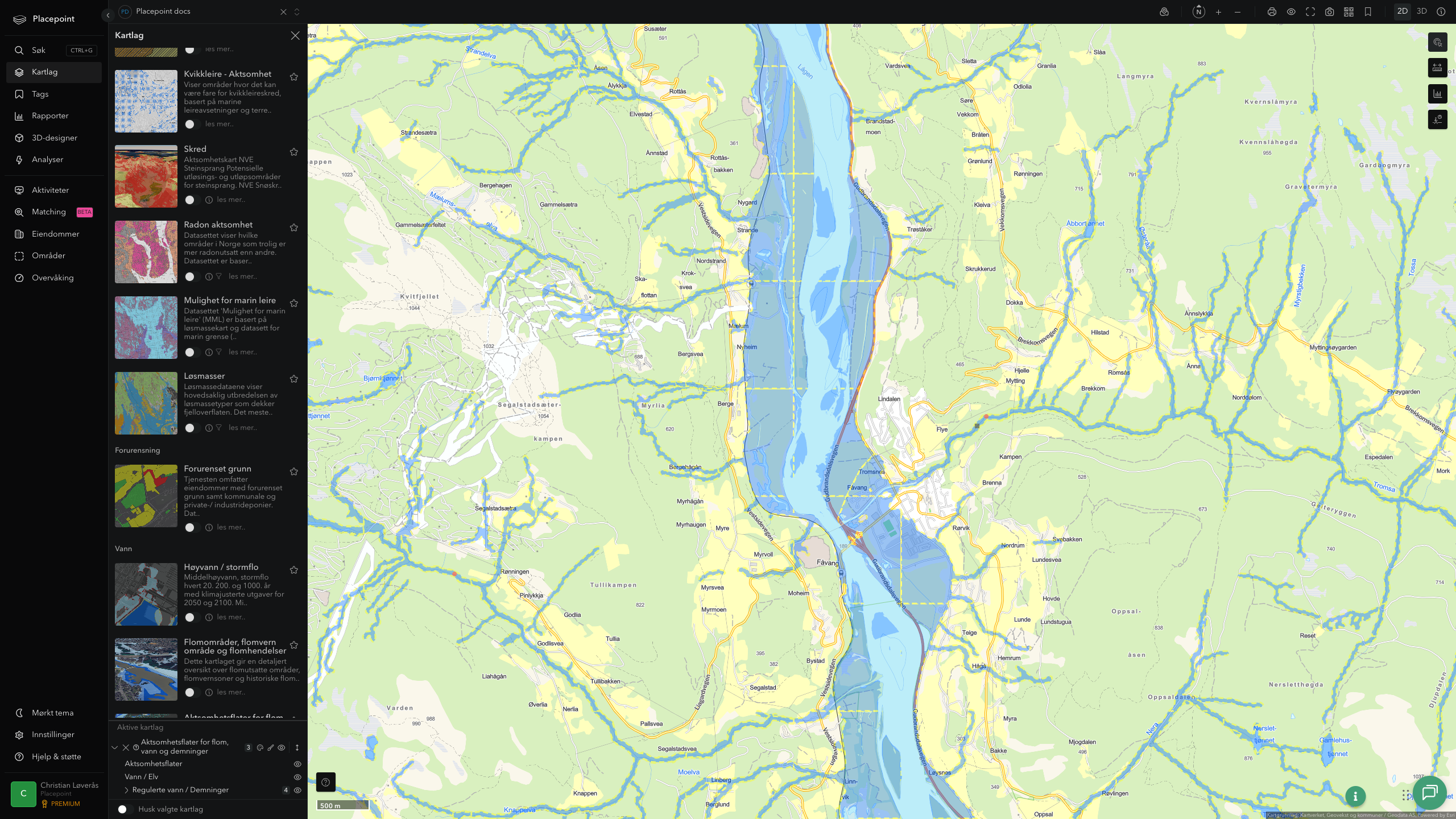 Aktsomhetsflater for flom, vann og demninger