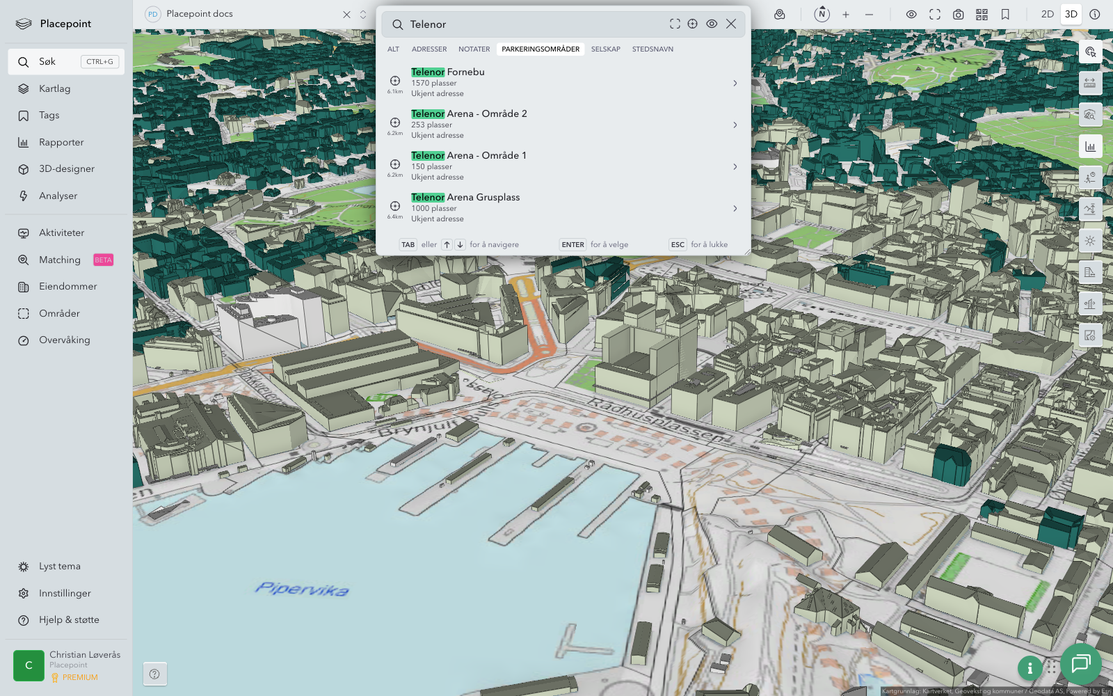 Søkeresultater – parkeringsområder (Telenor)