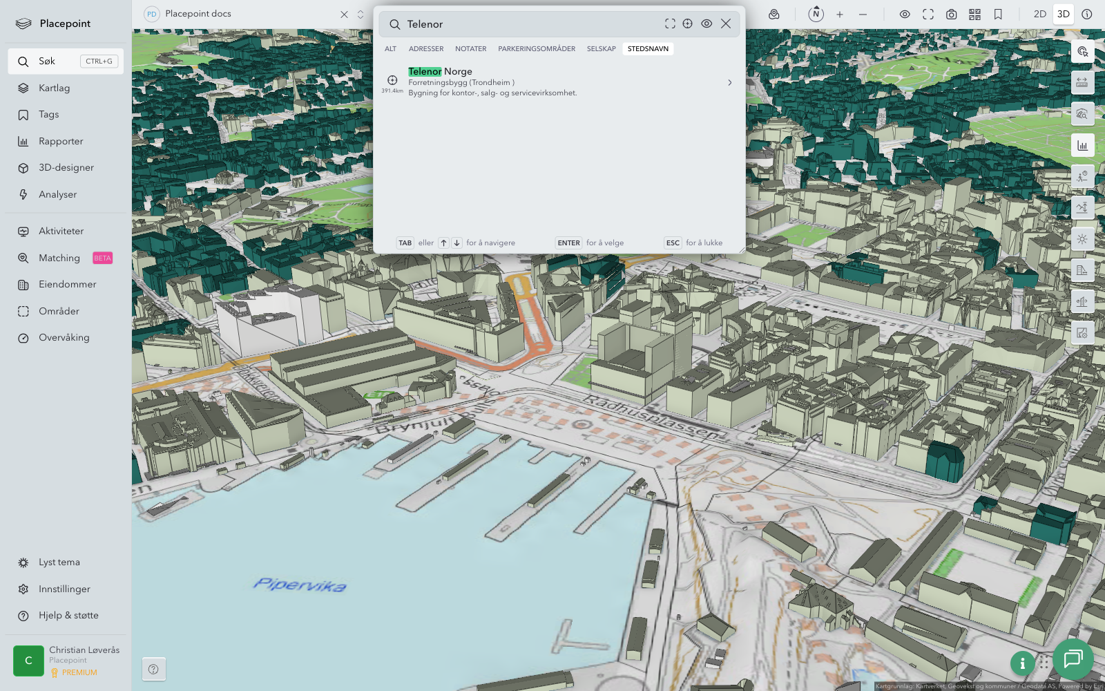 Søkeresultater – stedsnavn (Telenor)