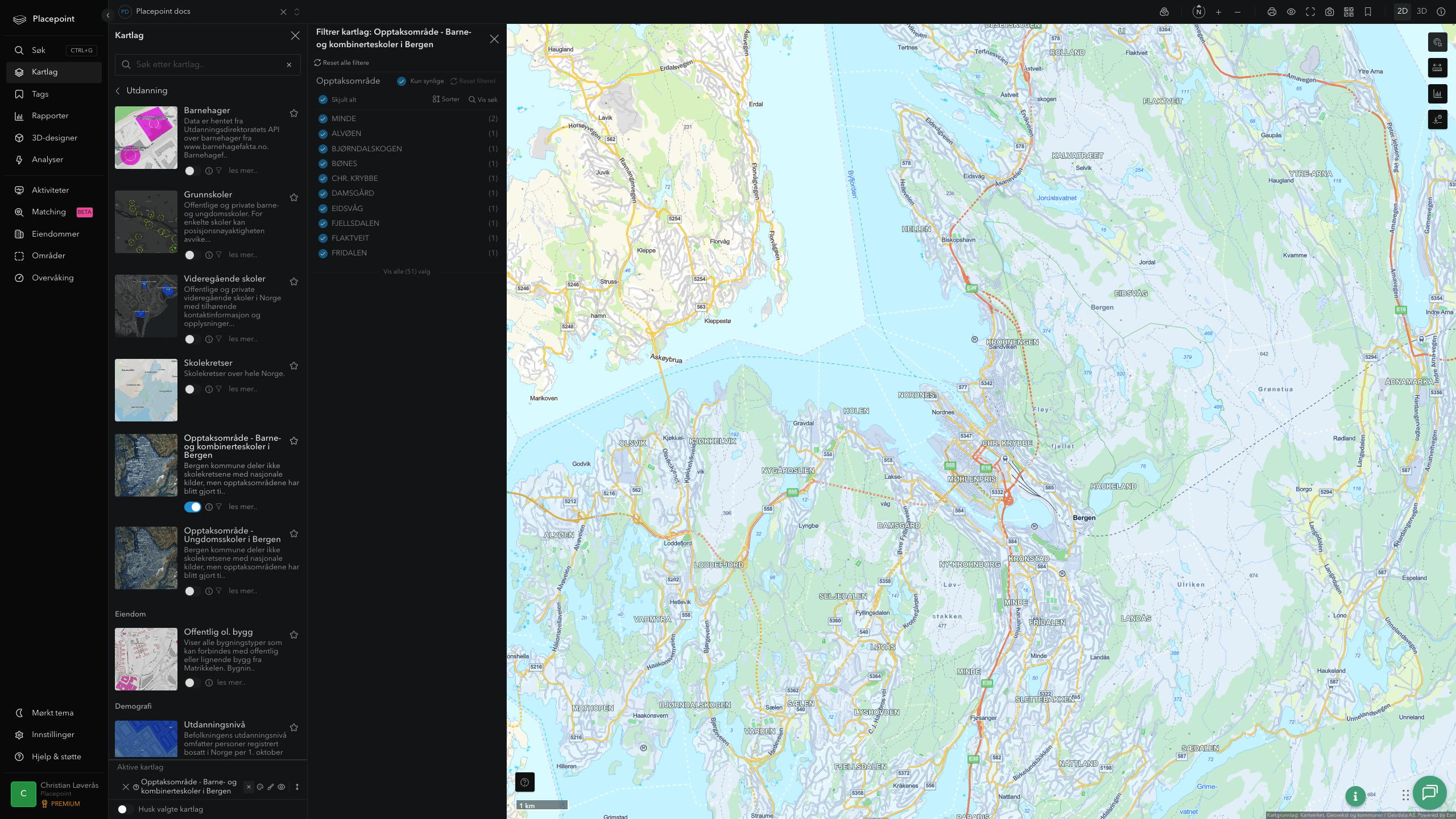 Filtrering av Opptaksområde - barne- og kombinerteskoler i Bergen