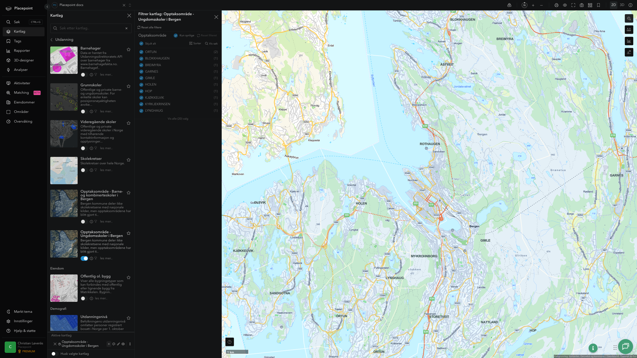 Filtrering av Opptaksområde - ungdomsskoler i Bergen