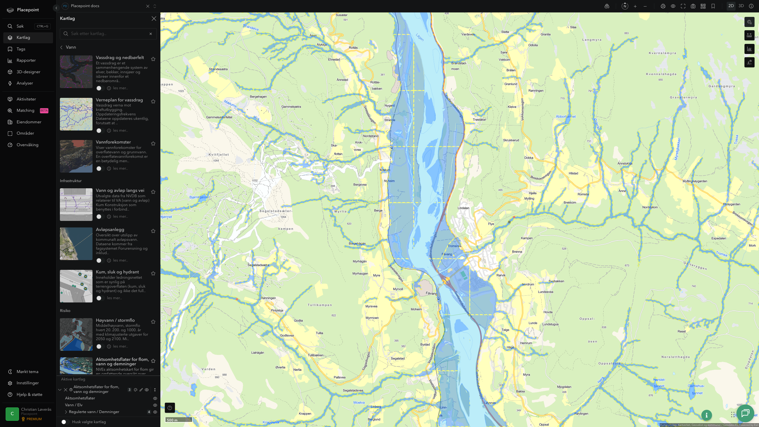 Aktsomhetsflater for flom, vann og demninger