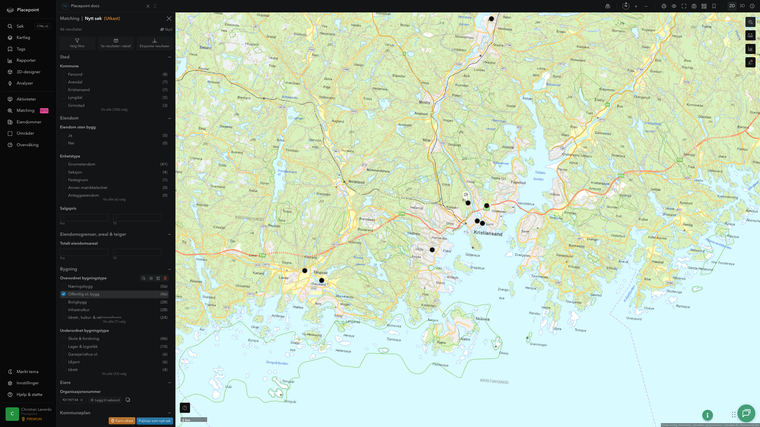 Zoomet matching-visning av offentlige eiendommer i Kristiansand S-sentrum