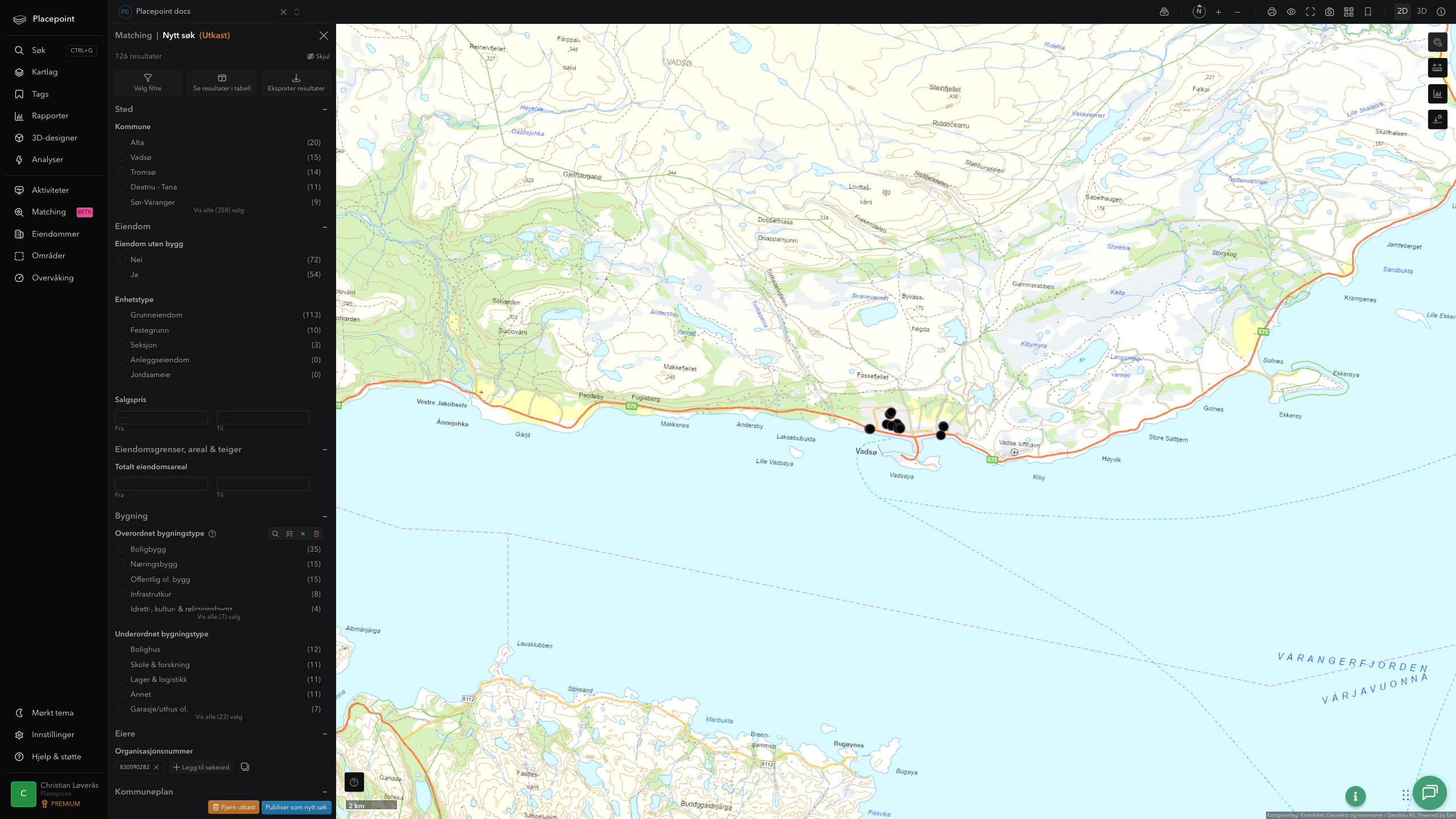 Zoomet matching-visning av offentlige eiendommer i Vadsø-sentrum