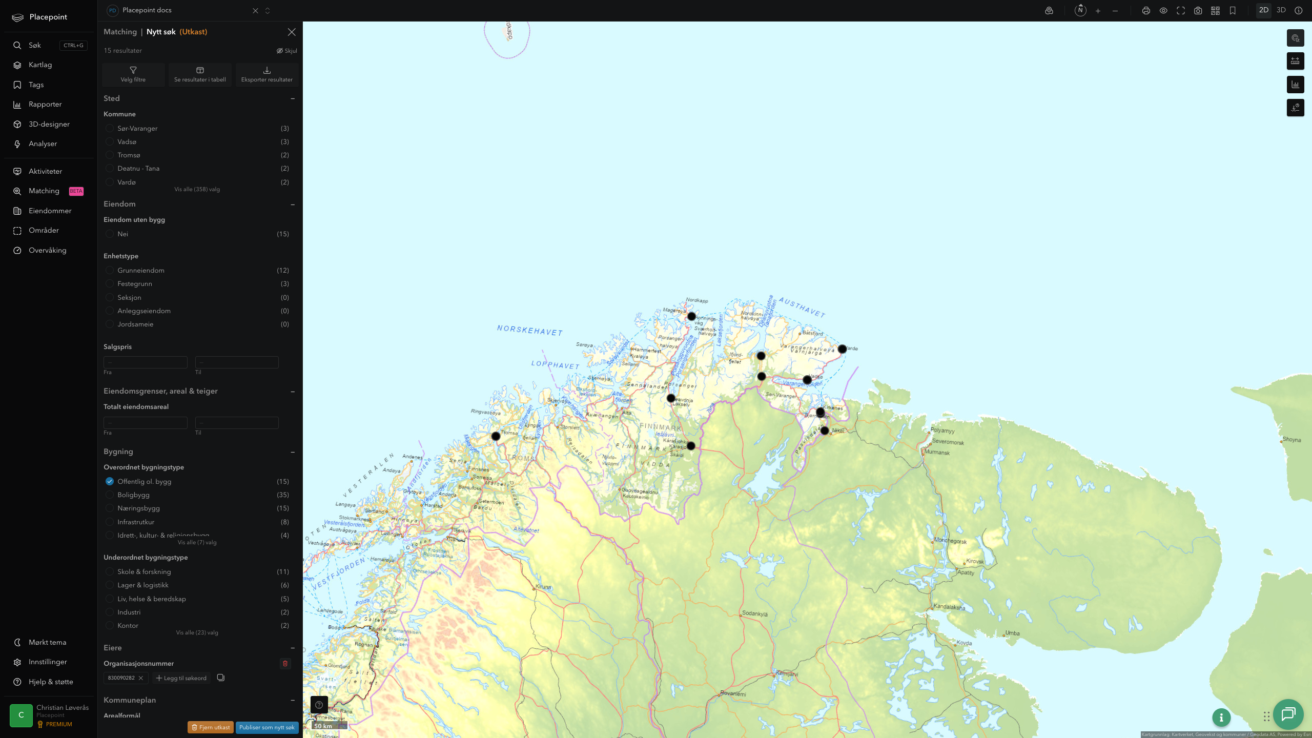 Matching-panel med alle eiendommer eid av Finnmark fylkeskommune plottet over hele fylket