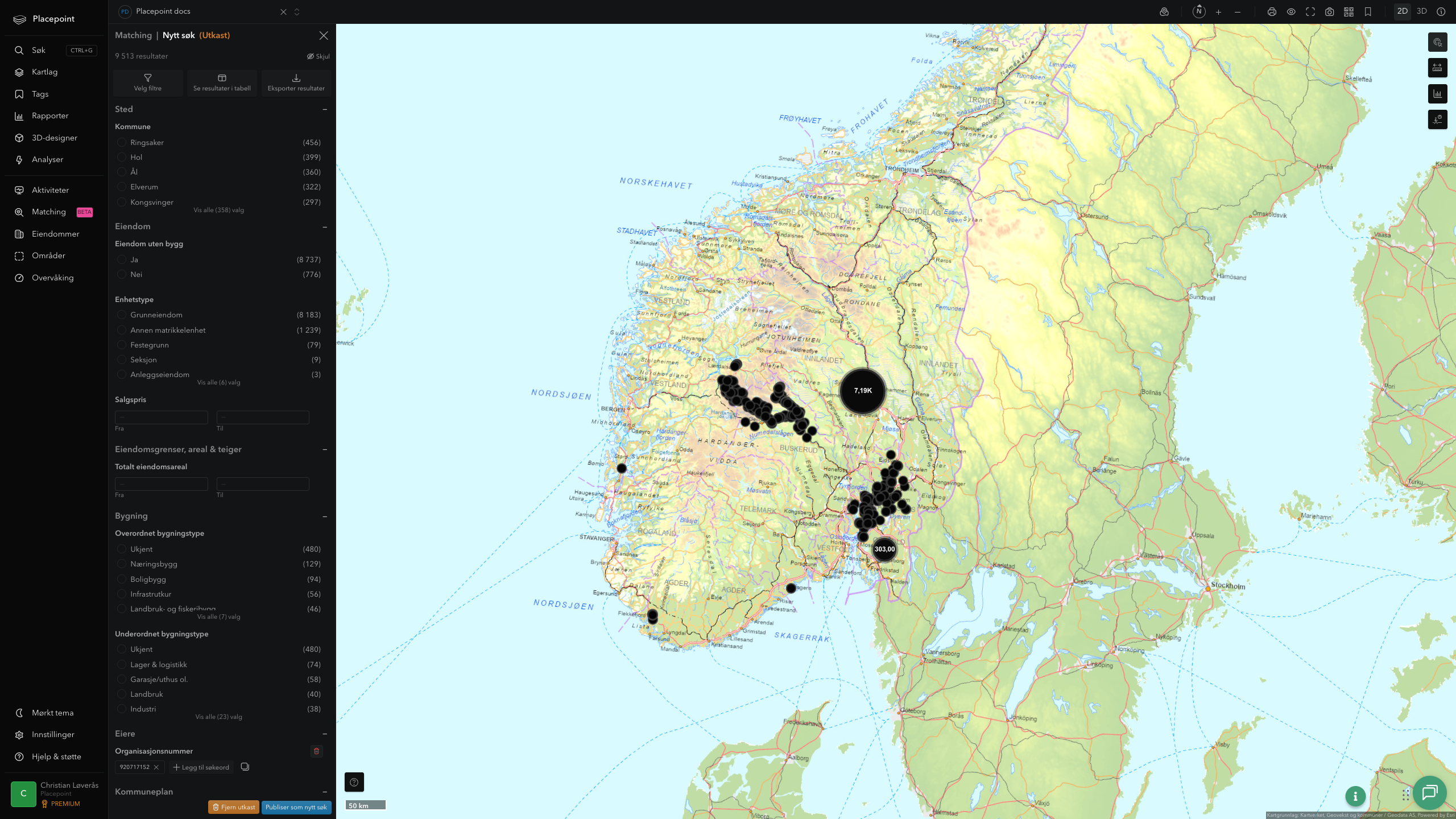 Matching-panel med alle eiendommer eid av Innlandet fylkeskommune plottet over hele fylket