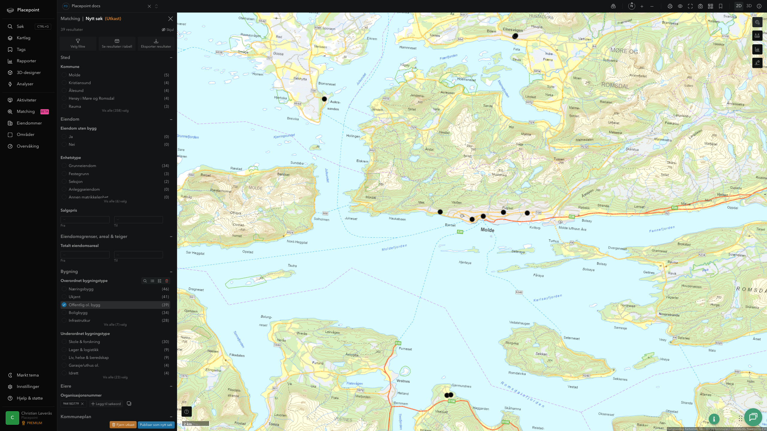 Zoomet matching-visning av offentlige eiendommer i Molde-sentrum