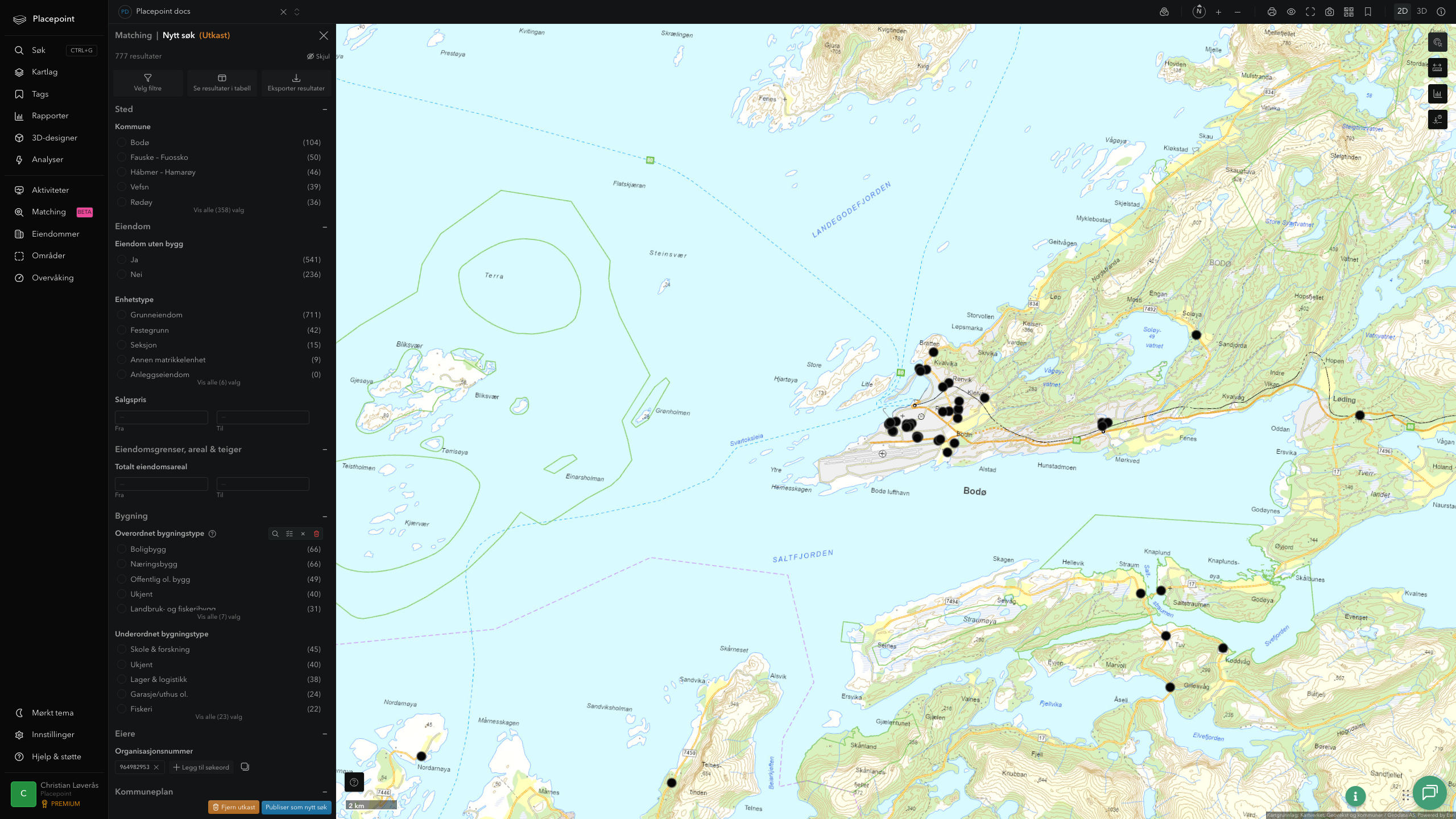 Zoomet matching-visning av offentlige eiendommer i Bodø-sentrum