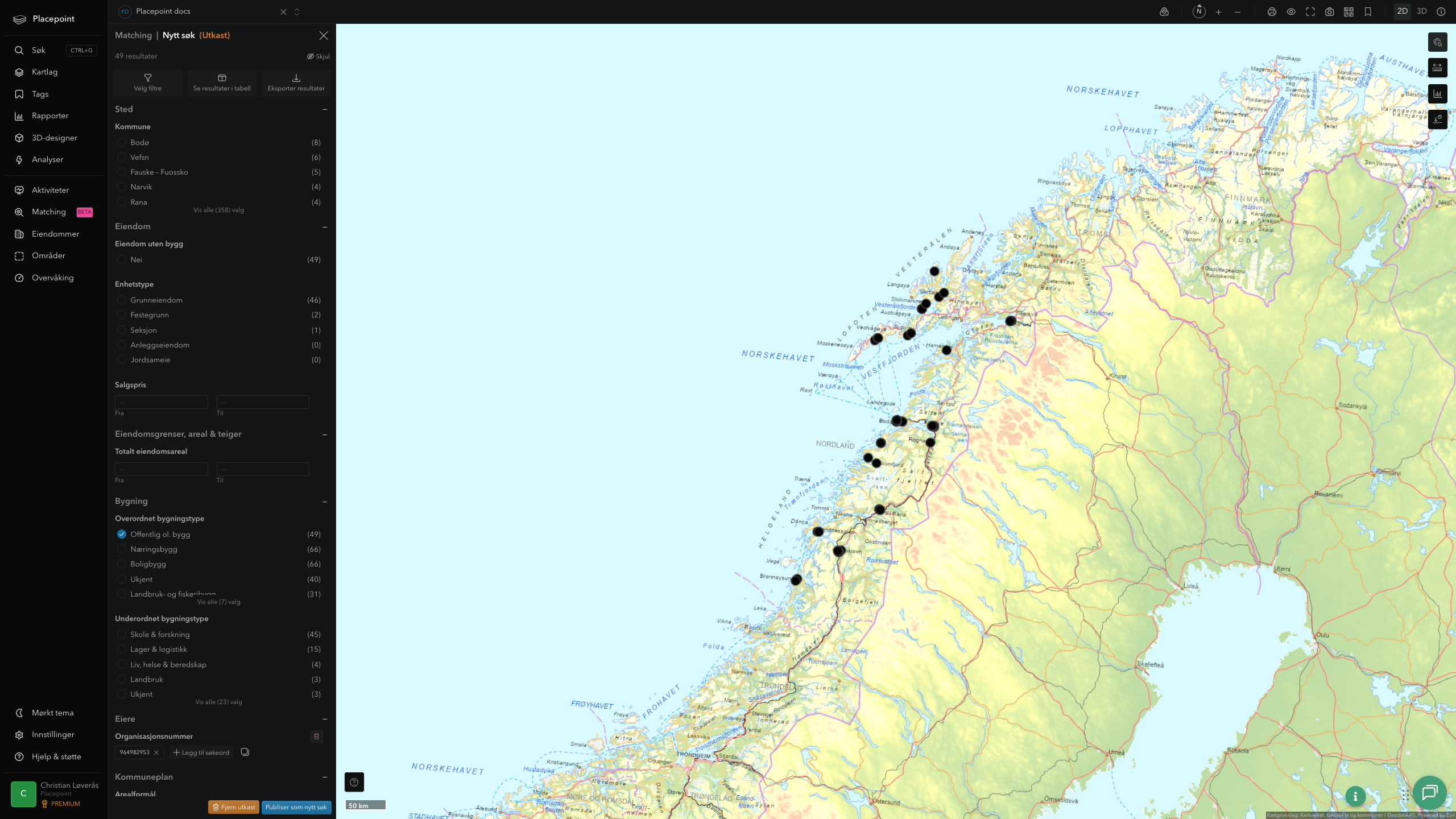 Matching-panel med alle eiendommer eid av Nordland fylkeskommune plottet over hele fylket