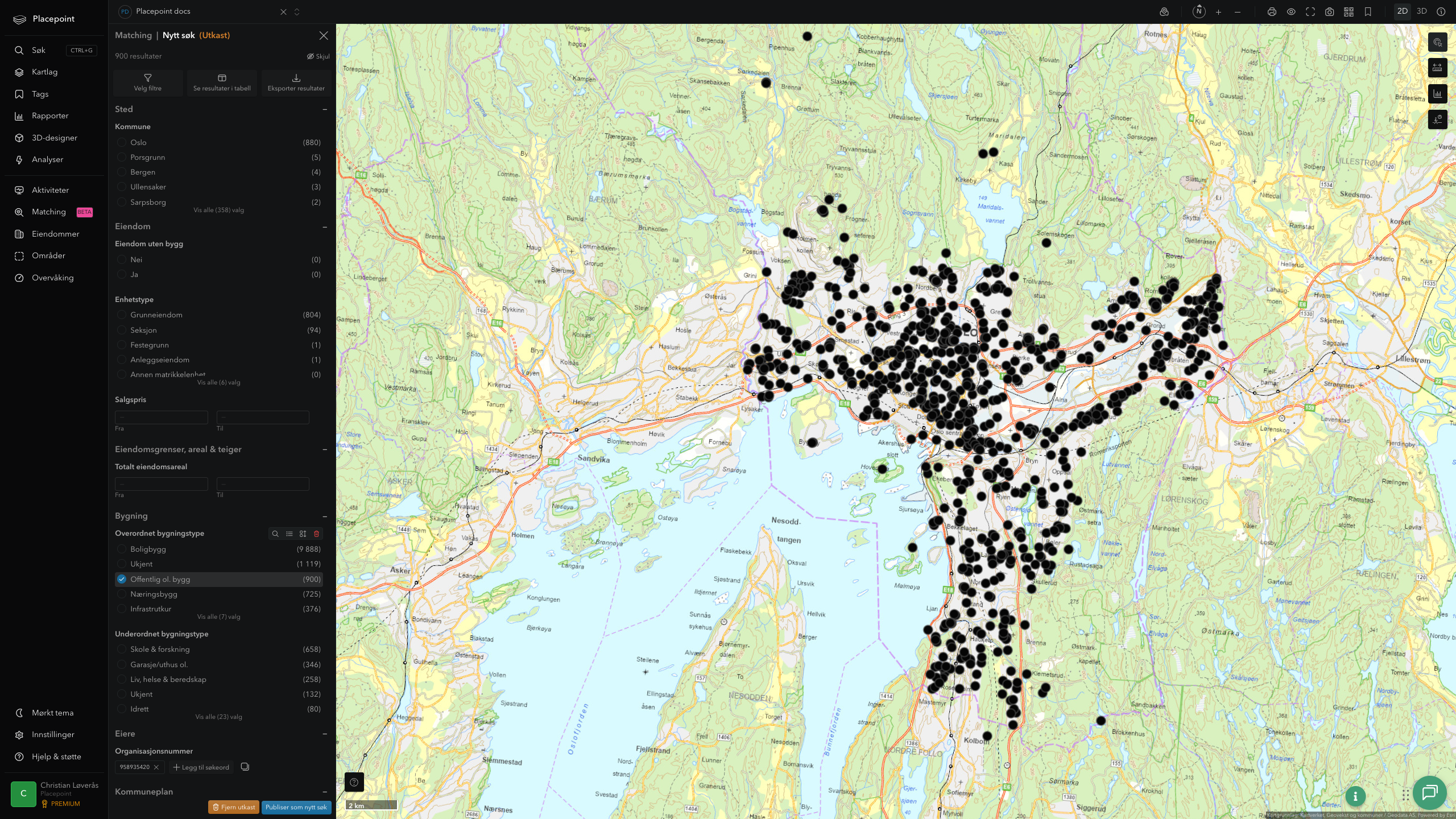 Zoomet matching-visning av offentlige eiendommer i Oslo-sentrum