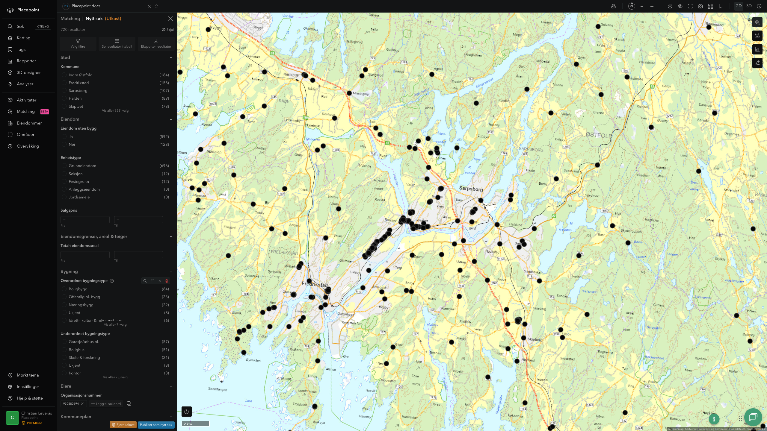 Zoomet matching-visning av offentlige eiendommer i Sarpsborg-sentrum