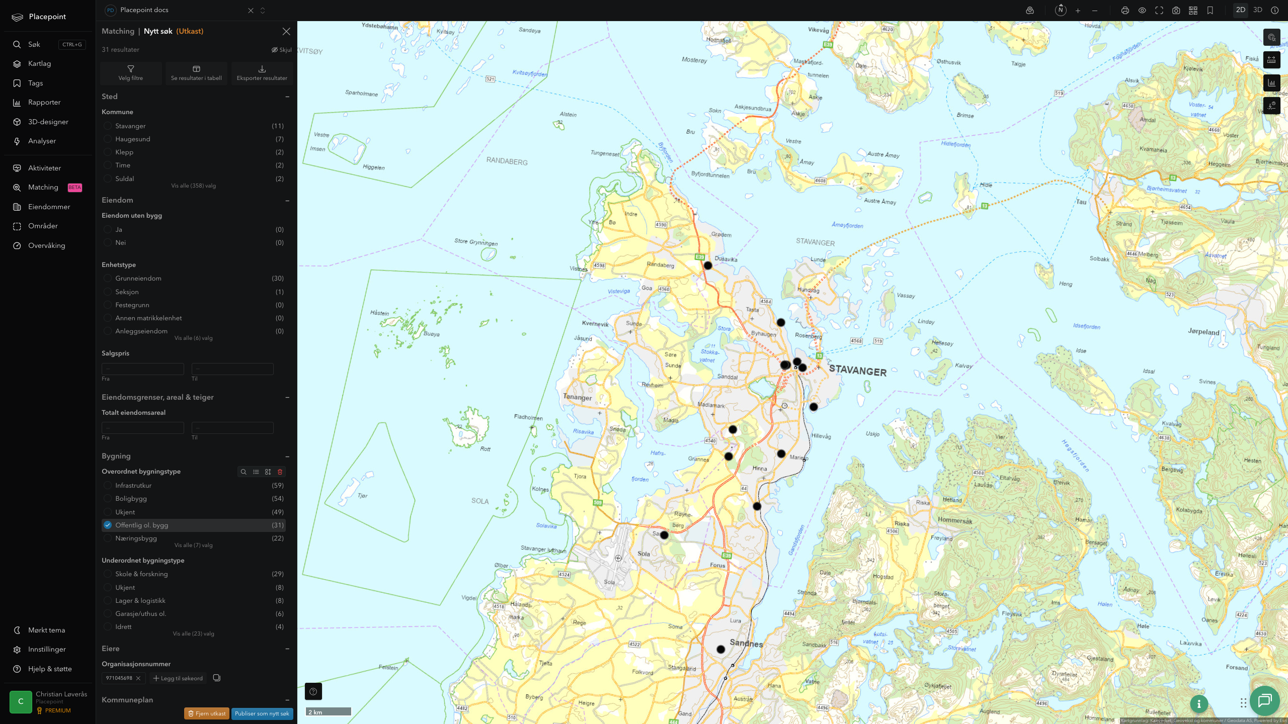 Zoomet matching-visning av offentlige eiendommer i Stavanger-sentrum