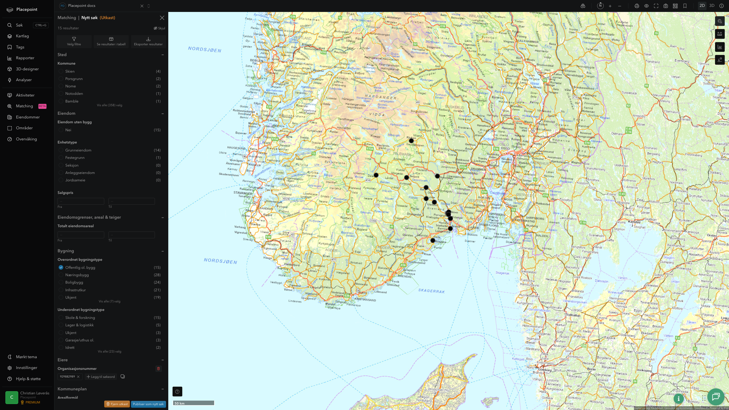 Matching-panel med alle eiendommer eid av Telemark fylkeskommune plottet over hele fylket