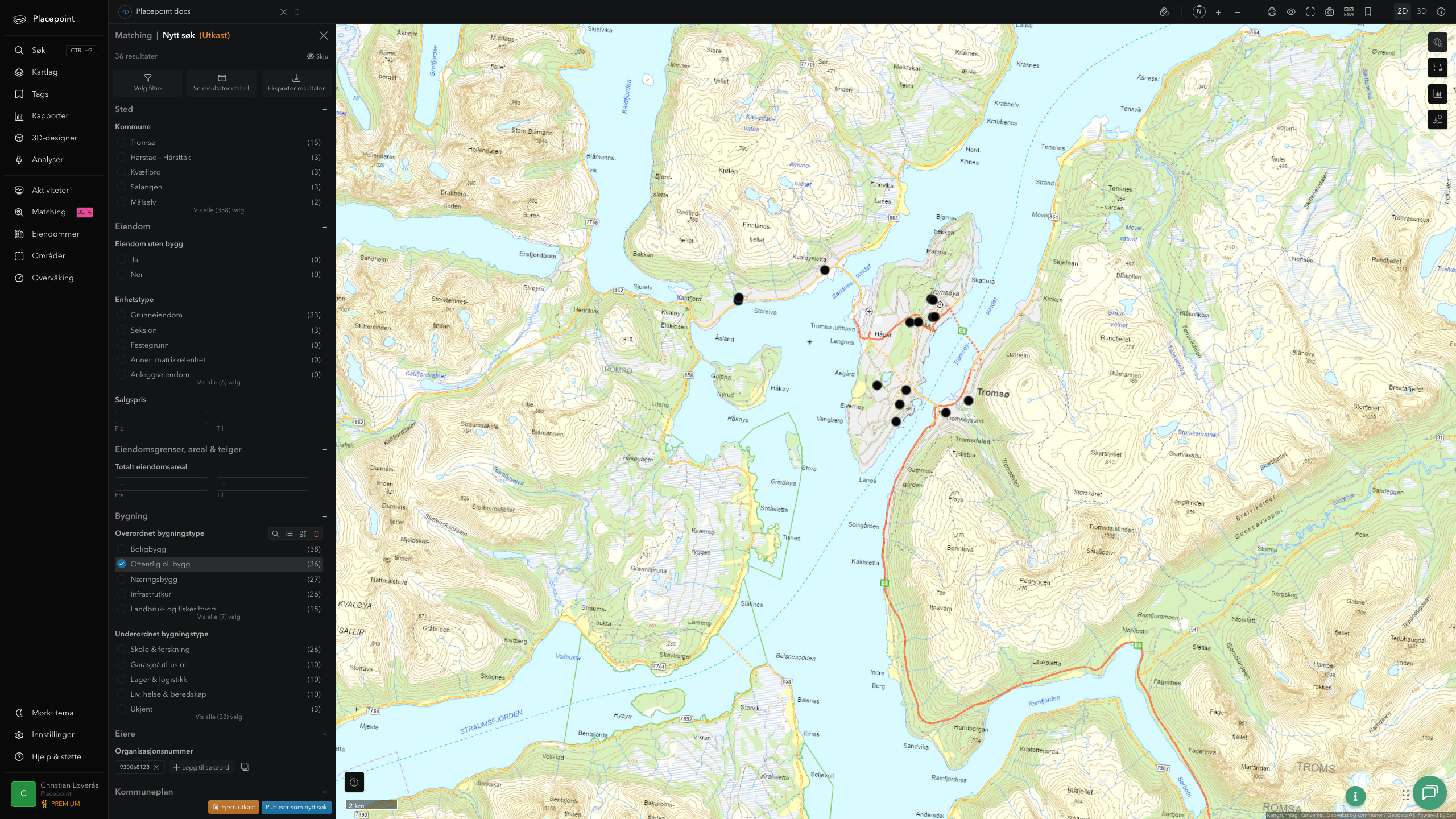 Zoomet matching-visning av offentlige eiendommer i Tromsø-sentrum