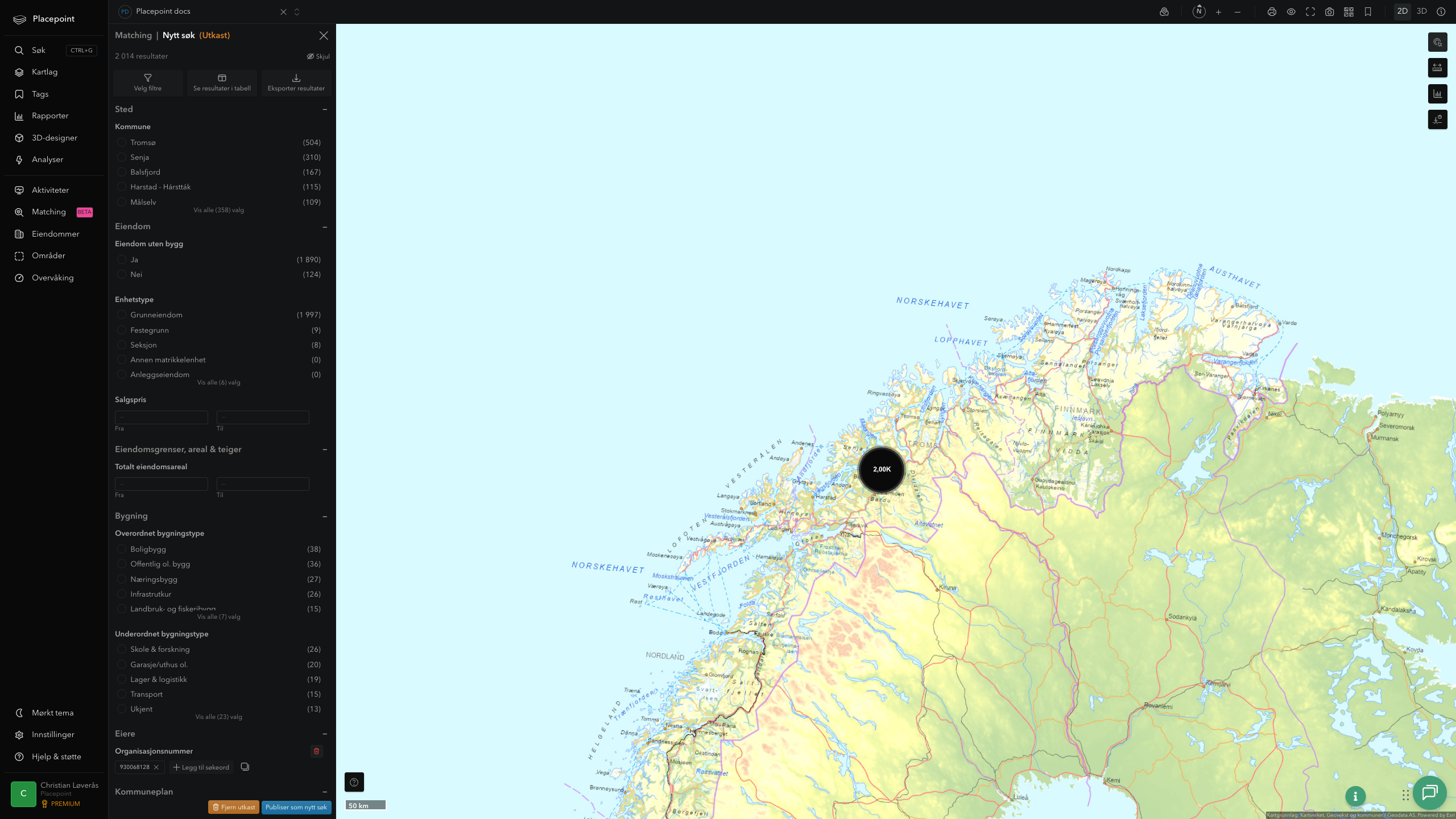 Matching-panel med alle eiendommer eid av Troms fylkeskommune plottet over hele fylket