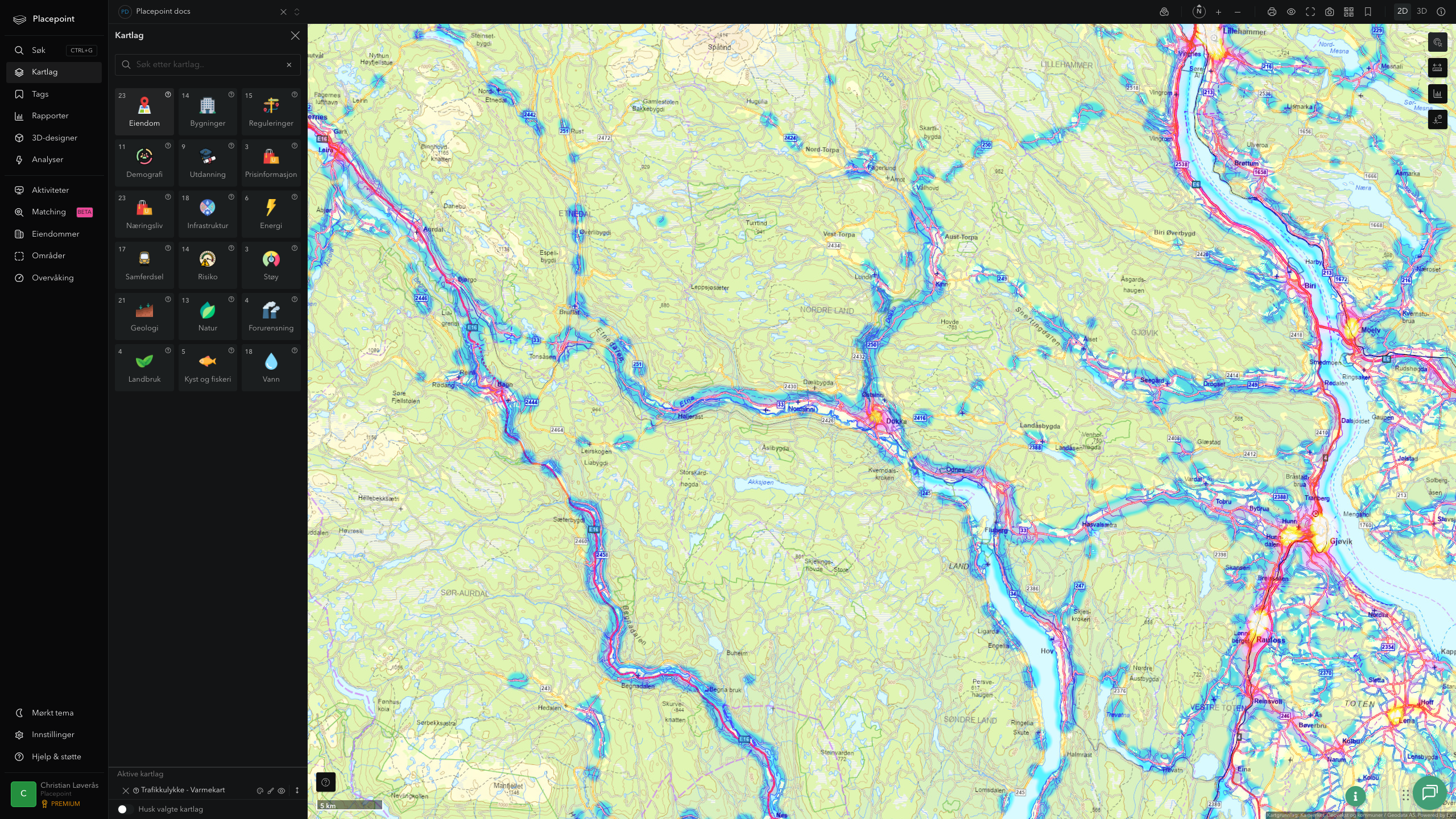 Nordre Land - trafikkulykker (varmekart)