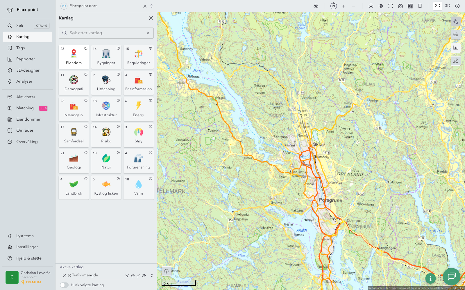Skien - trafikkmengde (ÅDT)